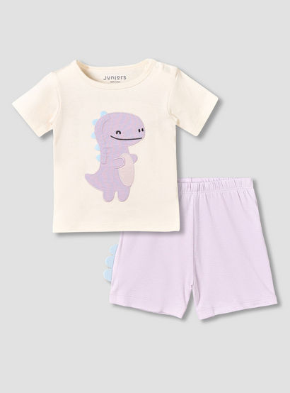 Juniors Cotton Round Neck Short Sleeves T-shirt and Shorts Set with Dinosaur Applique-baby-girls-clothing-setsandcoords-image-2