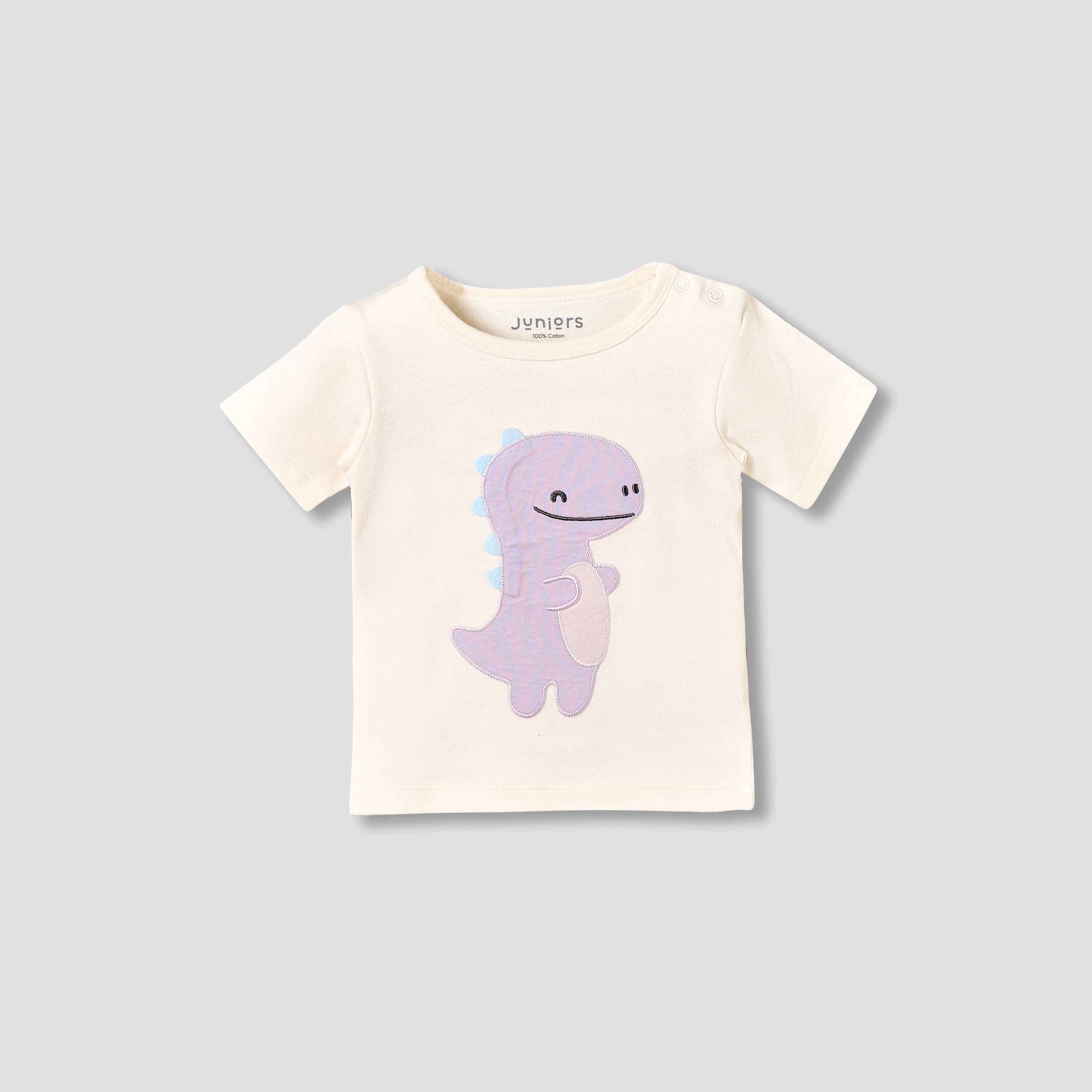Juniors Cotton Round Neck Short Sleeves T-shirt and Shorts Set with Dinosaur Applique