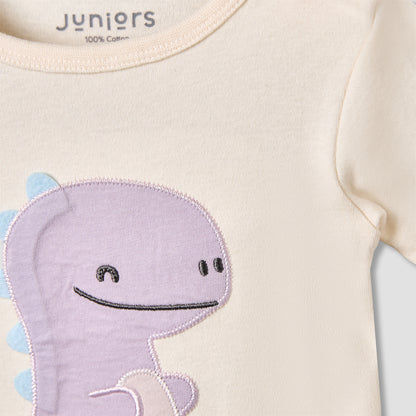 Juniors Cotton Round Neck Short Sleeves T-shirt and Shorts Set with Dinosaur Applique