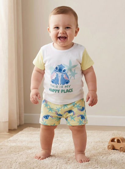 Disney Round Neck Short Sleeves T-shirt and Shorts Set with Stitch Print-baby-boys-clothing-setsandcoords-image-1