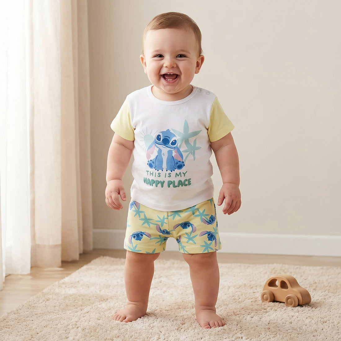 Disney Round Neck Short Sleeves T-shirt and Shorts Set with Stitch Print - White / 12-18 mths