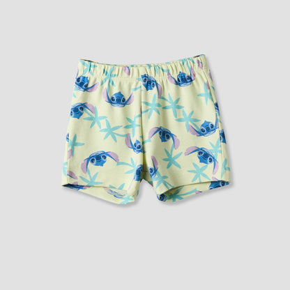 Disney Round Neck Short Sleeves T-shirt and Shorts Set with Stitch Print