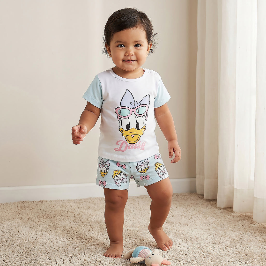 Disney Crew Neck Short Sleeve T-shirt and Shorts Set with Daisy Duck Print - Blue / 18-24 mths
