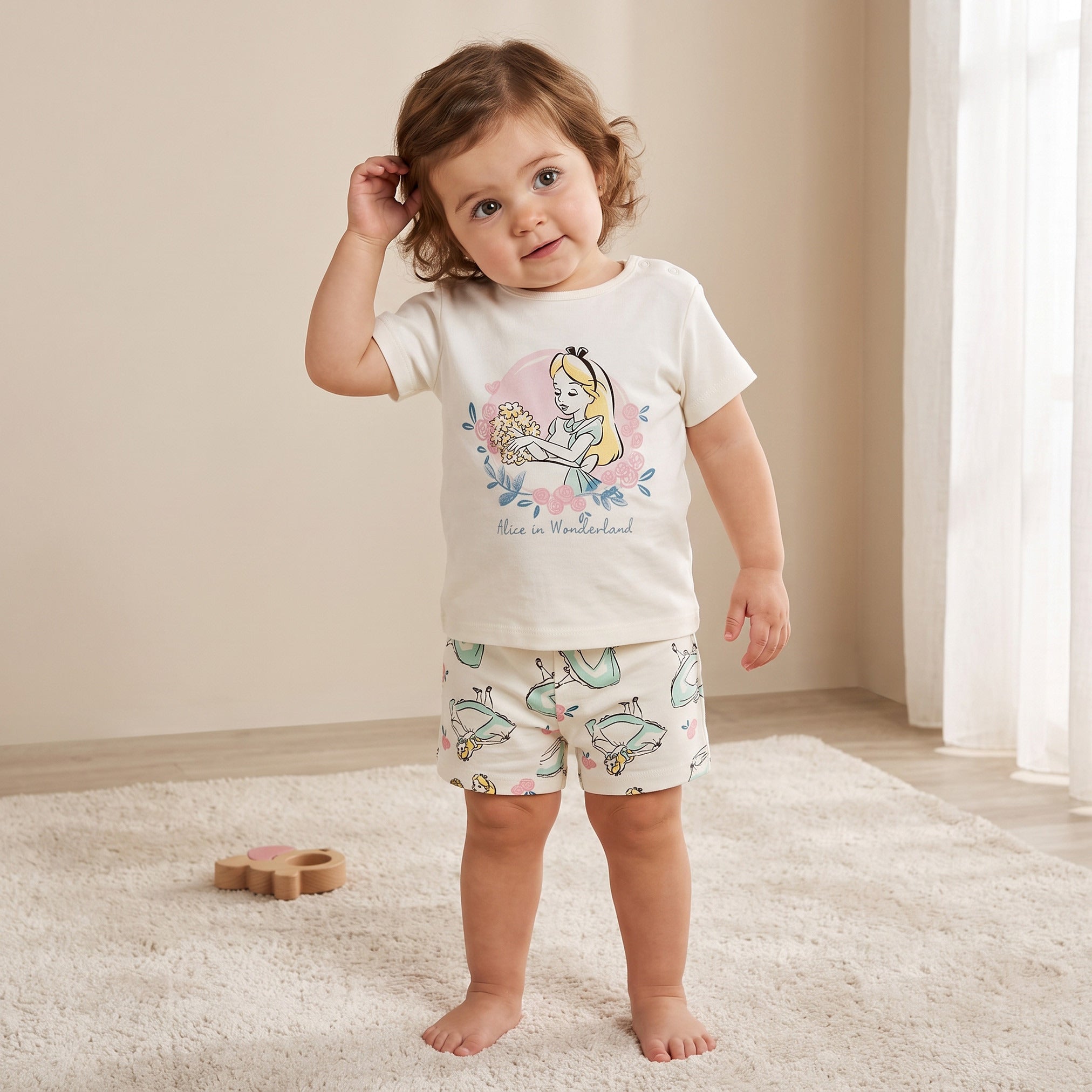Disney Crew Neck Short Sleeves T-shirt and Shorts Set with Aurora Print - Cream / 12-18 mths