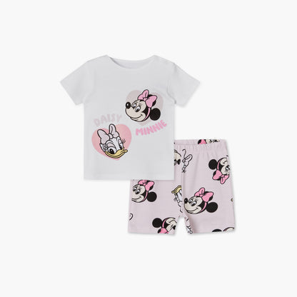 Disney Round Neck Short Sleeves T-shirt and Shorts Set with Minnie Mouse Print