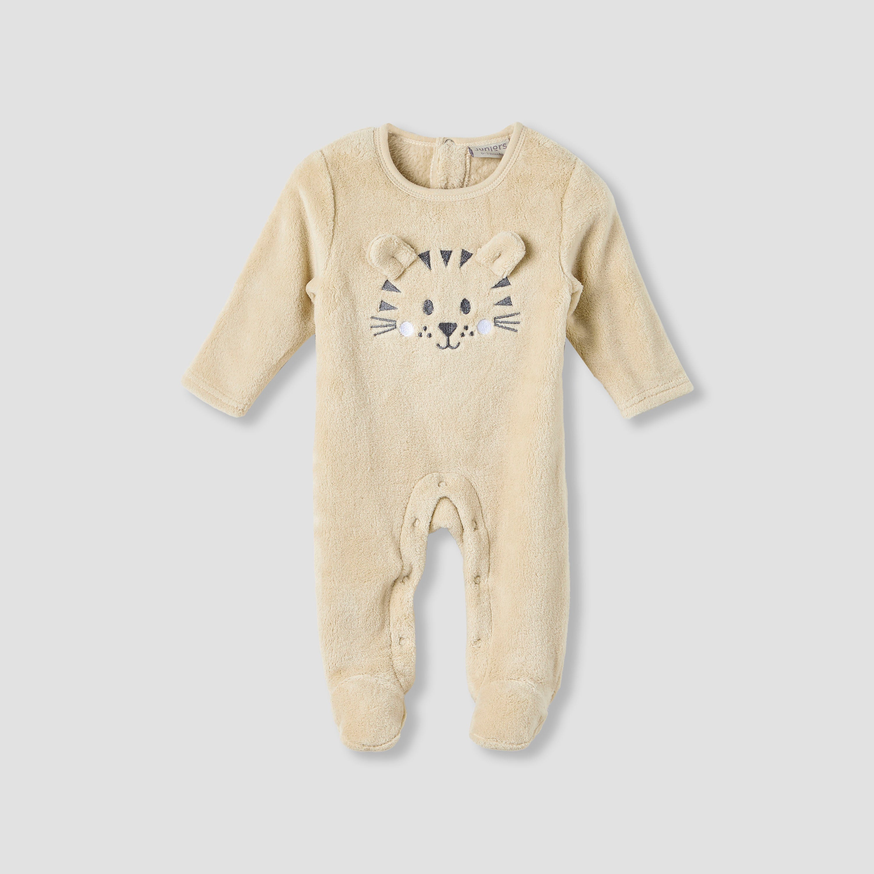 Juniors Round Neck Sleepsuit with Tiger Applique - Polyester - Long Sleeves - Beige / 9-12 mths