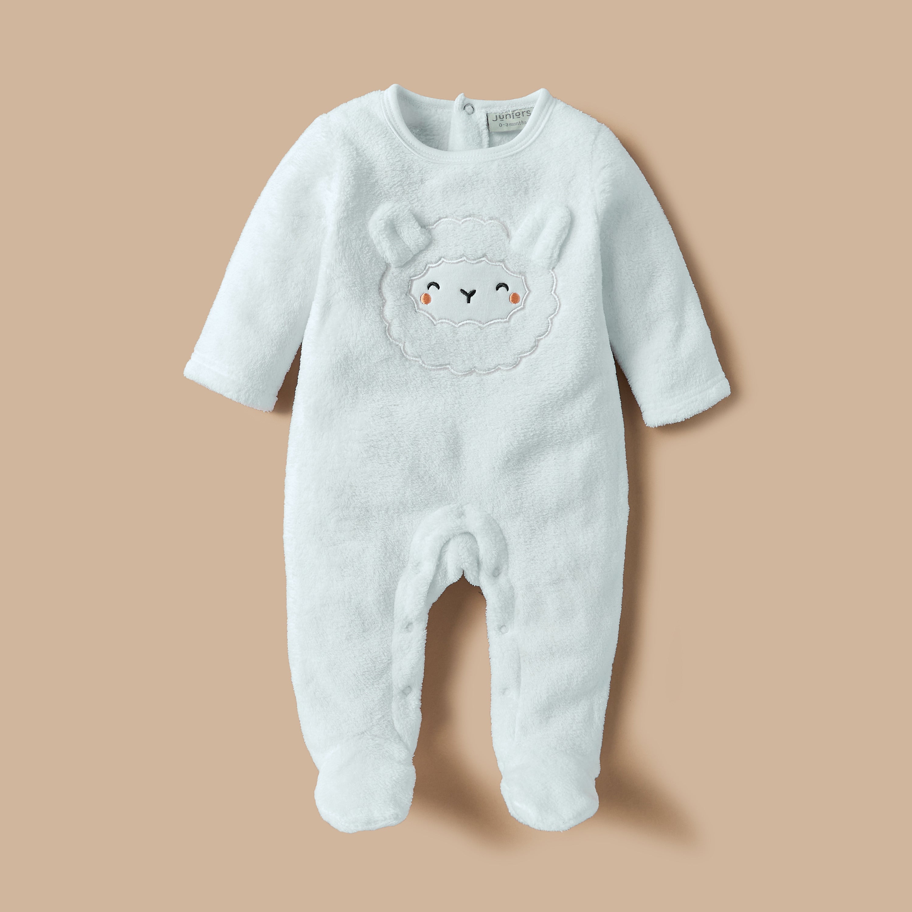 Juniors Sheep Face Applique Sleepsuit with Long Sleeves and Button Closure - White / 9-12 mths
