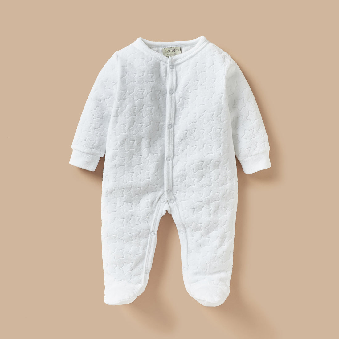 Juniors Star Textured Closed Foot Sleepsuit with Long Sleeves and Snap Button Closure - White / 9-12 mths