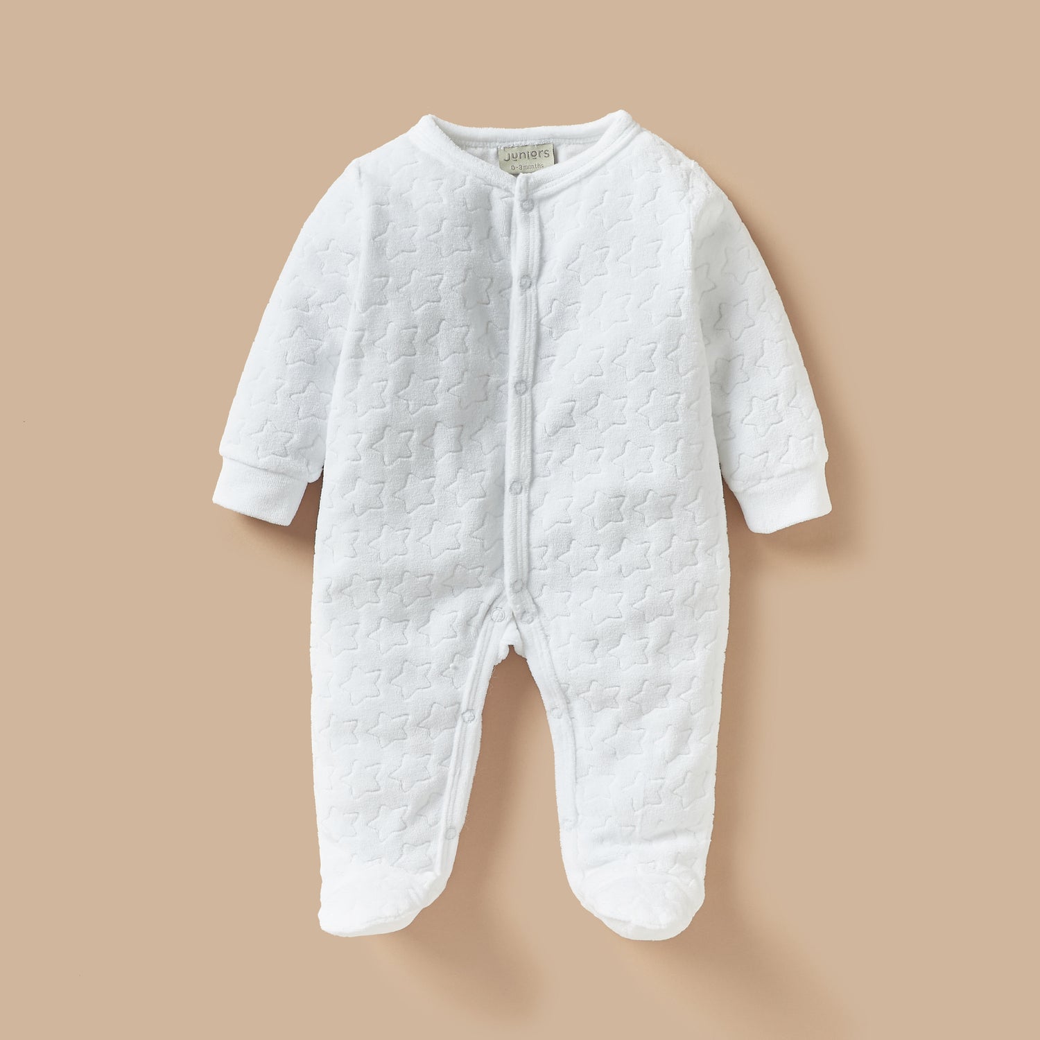 Juniors Star Textured Closed Foot Sleepsuit with Long Sleeves and Snap Button Closure - White / 9-12 mths