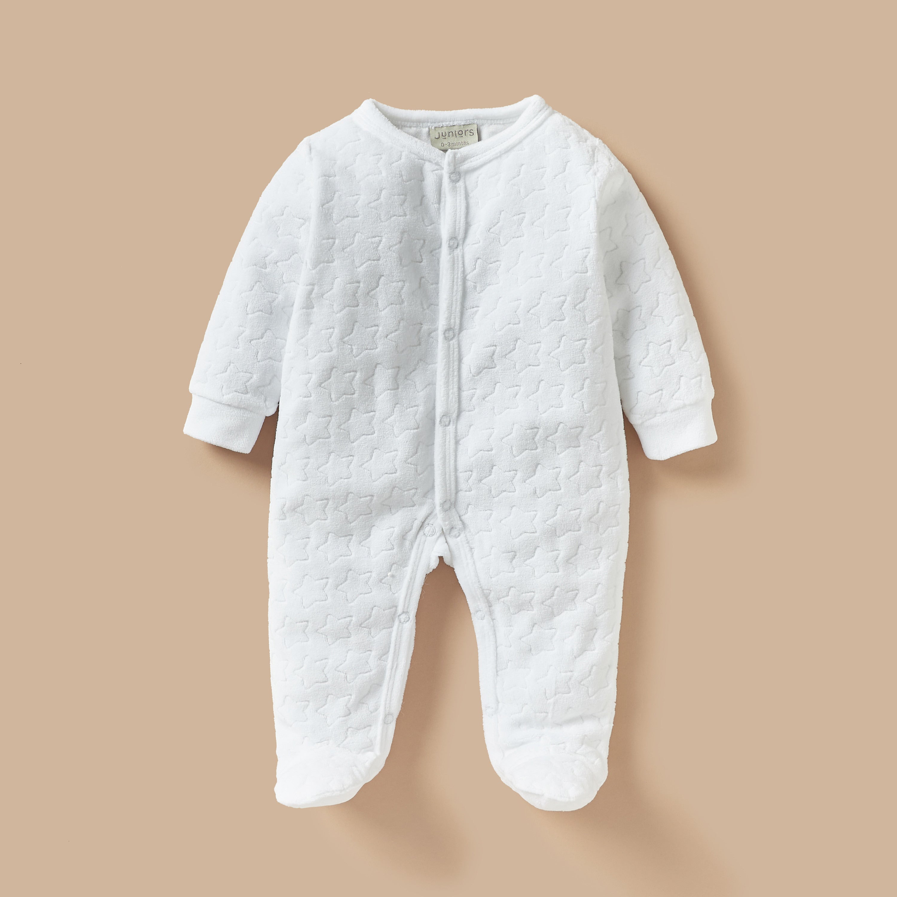 Juniors Star Textured Closed Foot Sleepsuit with Long Sleeves and Snap Button Closure - White / 9-12 mths
