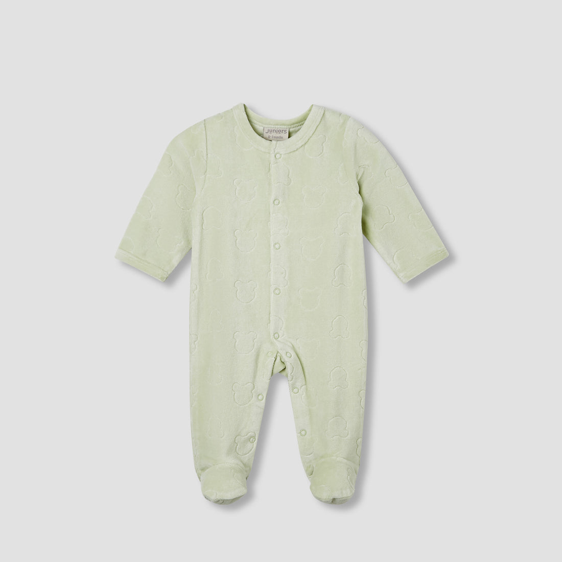 Juniors Embossed Bear Velour Sleepsuit with Long Sleeves and Button Closure - Green / 9-12 mths