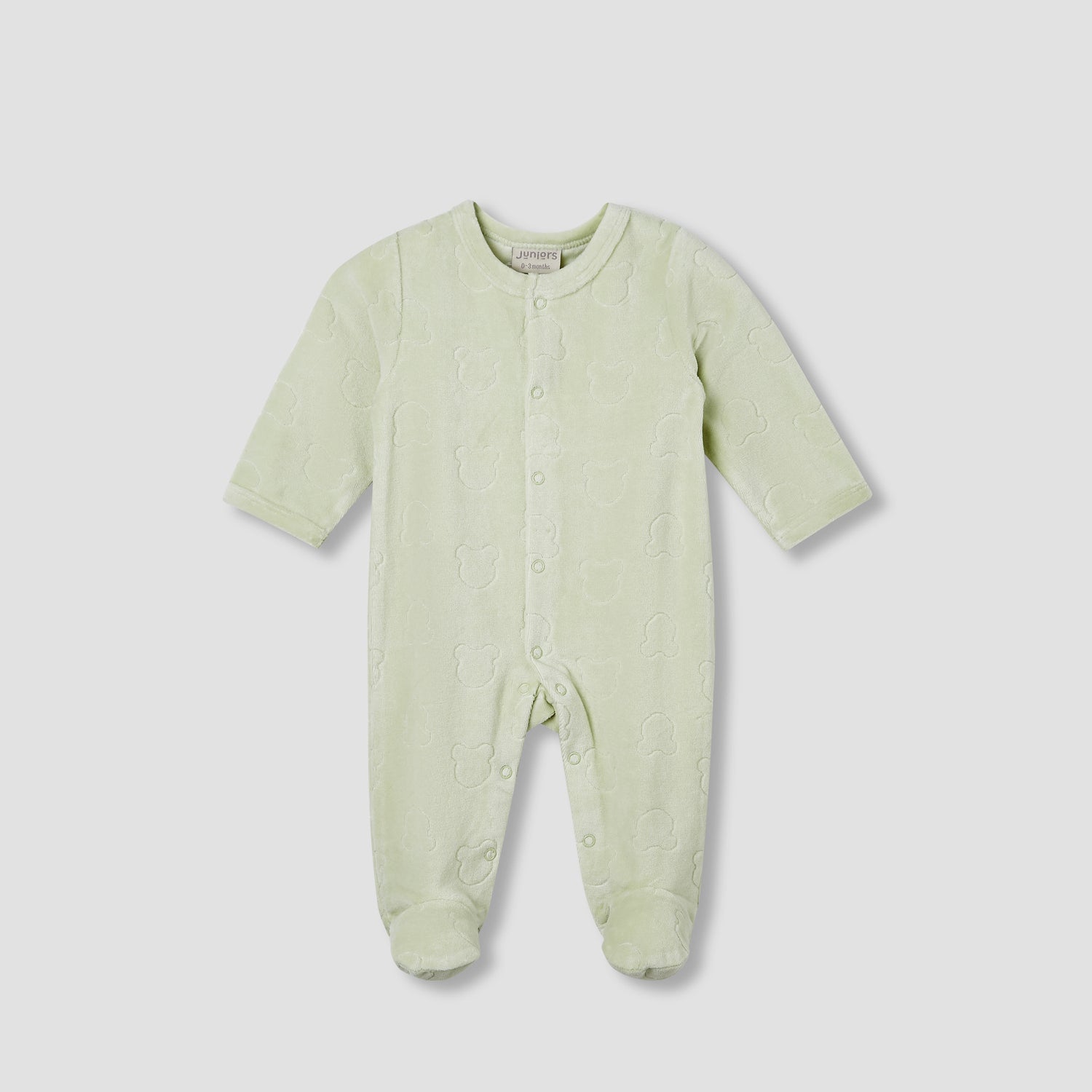 Juniors Embossed Bear Velour Sleepsuit with Long Sleeves and Button Closure - Green / 9-12 mths
