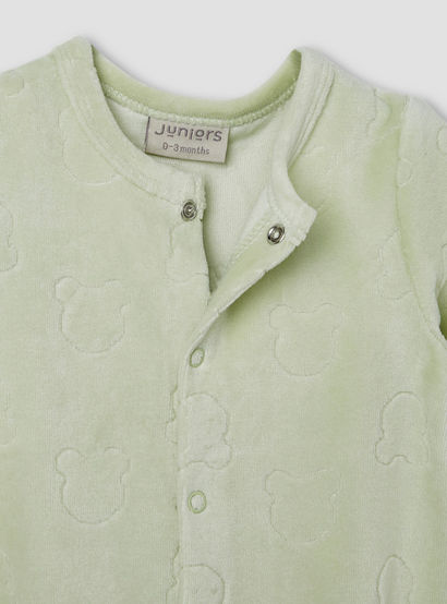 Juniors Embossed Bear Velour Sleepsuit with Long Sleeves and Button Closure-baby-girls-clothing-nightwear-sleepsuits-image-3