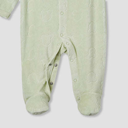 Juniors Embossed Bear Velour Sleepsuit with Long Sleeves and Button Closure