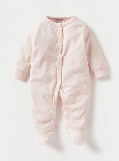 Juniors Heart Textured Closed Foot Sleepsuit with Long Sleeves and Snap Button Closure-baby-girls-clothing-nightwear-sleepsuits-image-1