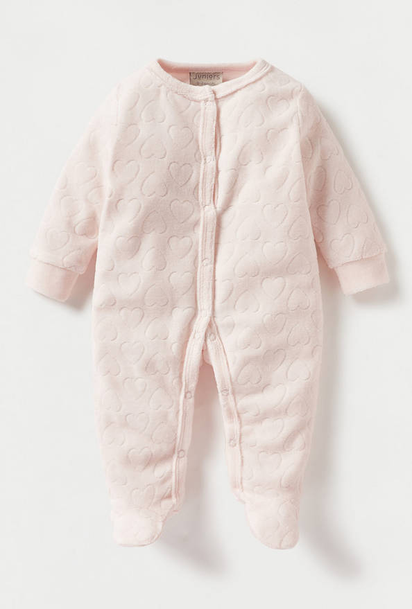 Juniors Heart Textured Closed Foot Sleepsuit with Long Sleeves and Snap Button Closure