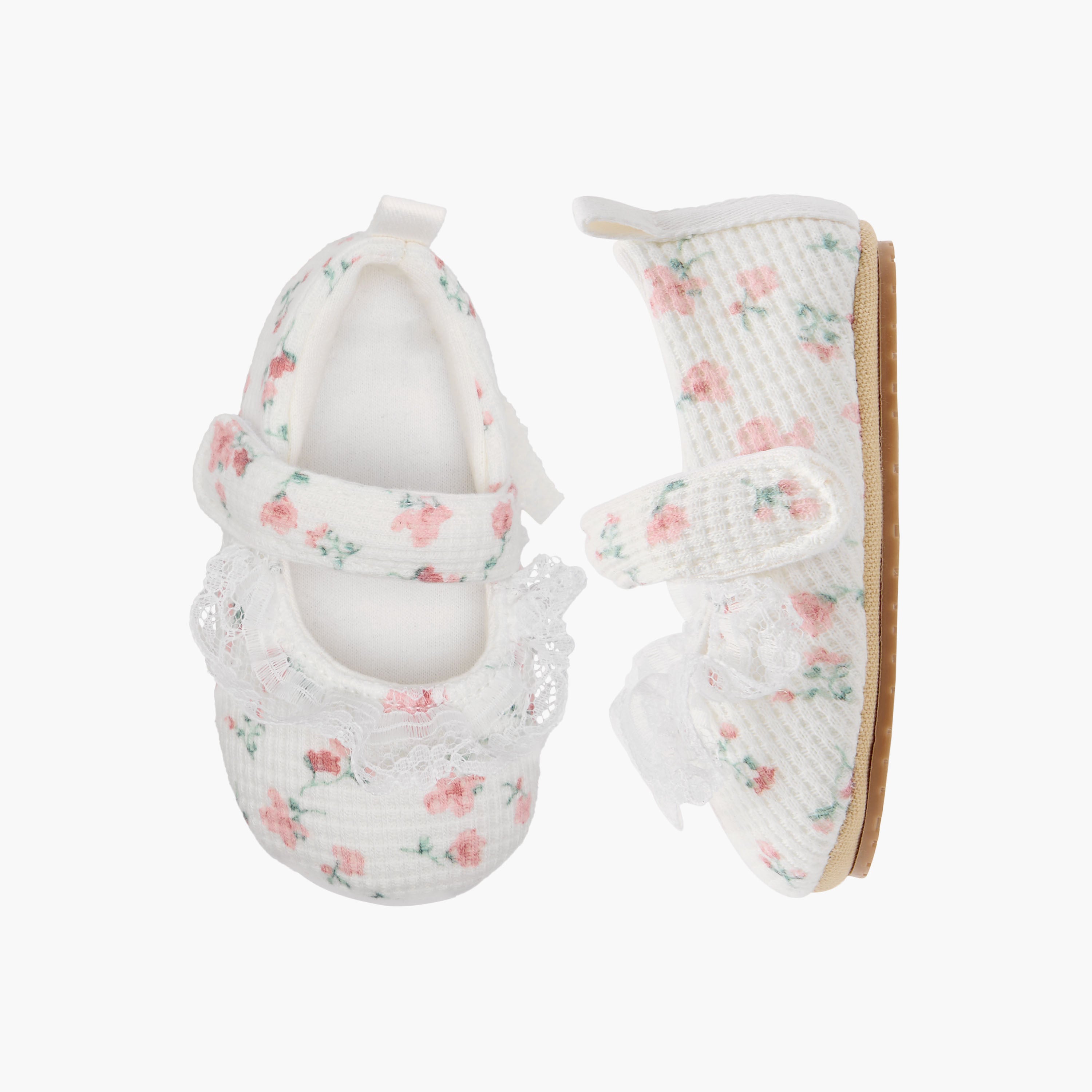 Juniors Floral Print Booties with Hook and Loop Closure - Cream / 18-24 mths