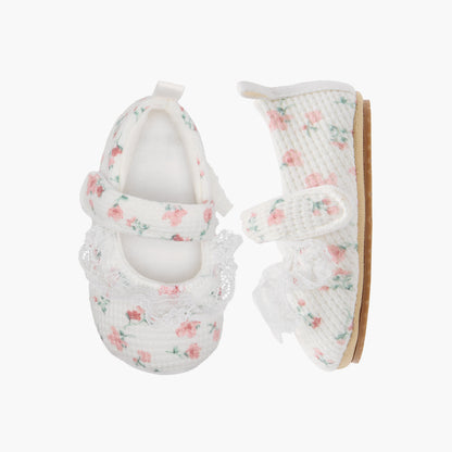 Juniors Floral Print Booties with Hook and Loop Closure - Cream / 18-24 mths