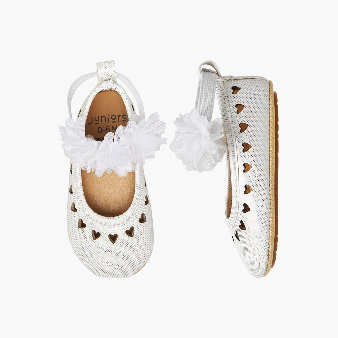 Juniors Booties with Elastic Strap, Floral Accent - Silver / 12-18 mths