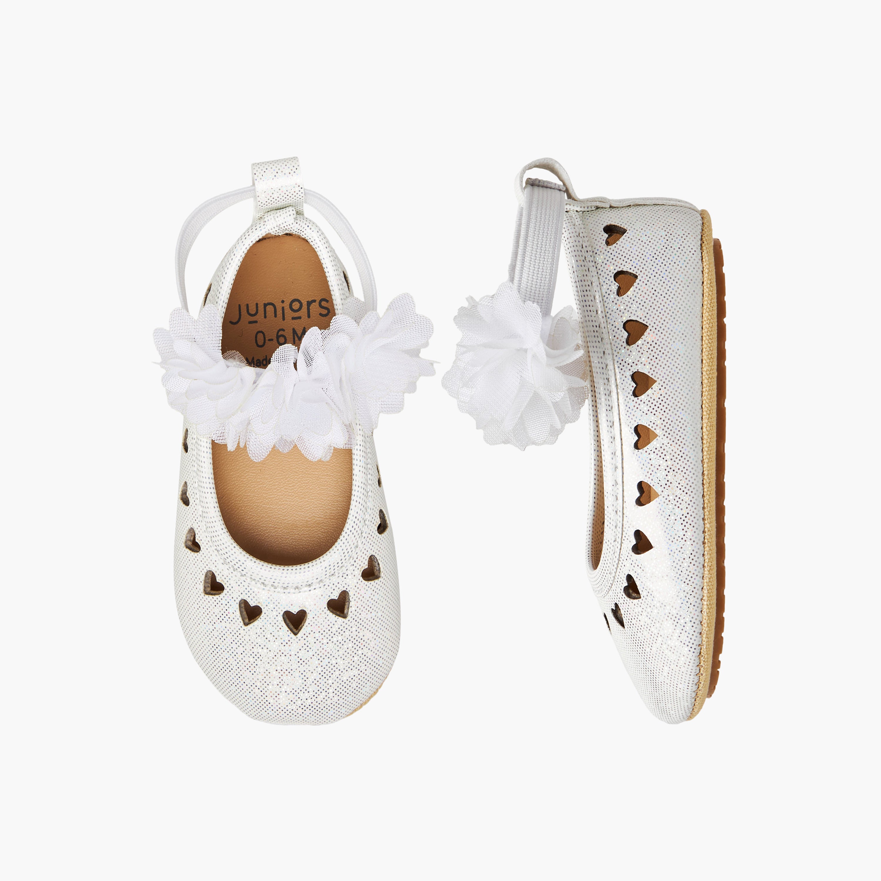 Juniors Booties with Elastic Strap, Floral Accent - Silver / 12-18 mths
