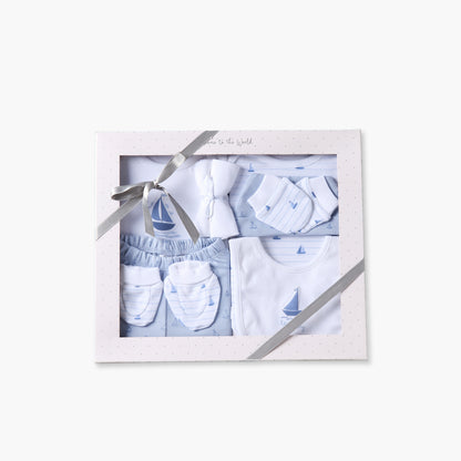 Set of 9 Juniors Clothing Gift Set with Sail Boat Print - Blue / 0-3 mths