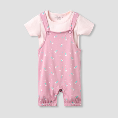 Juniors Crew Neck Short Sleeve T-shirt and Dungaree Set with Floral Print - Pink / 12-18 mths
