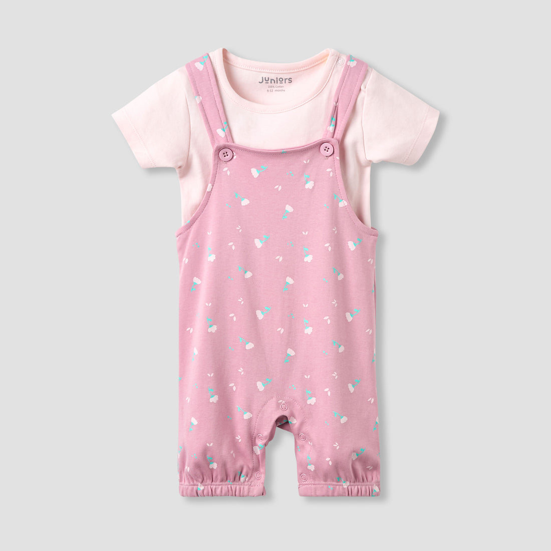Juniors Crew Neck Short Sleeve T-shirt and Dungaree Set with Floral Print