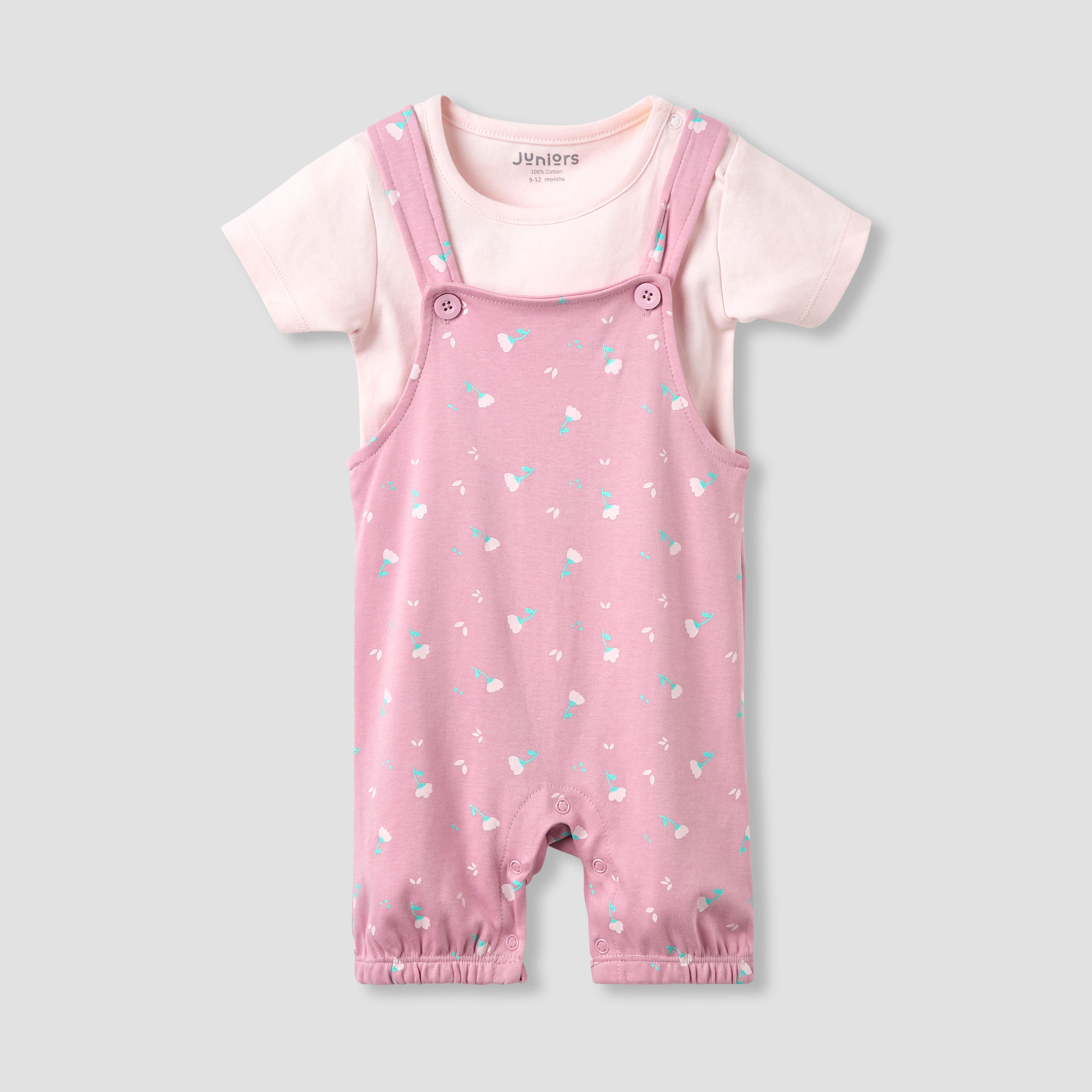 Juniors Crew Neck Short Sleeve T-shirt and Dungaree Set with Floral Print
