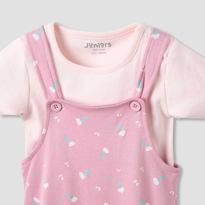 Juniors Crew Neck Short Sleeve T-shirt and Dungaree Set with Floral Print