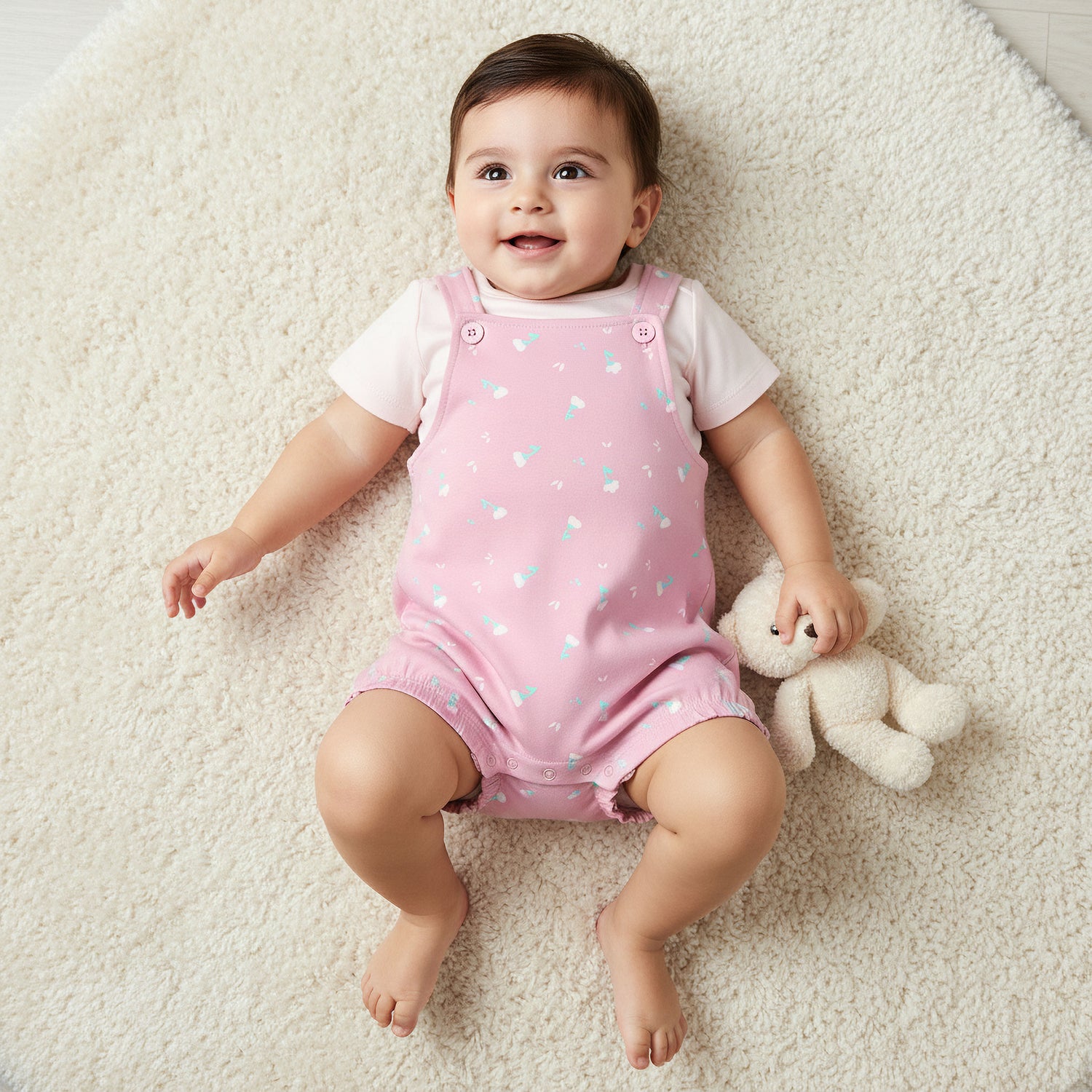 Juniors Crew Neck Short Sleeve T-shirt and Dungaree Set with Floral Print