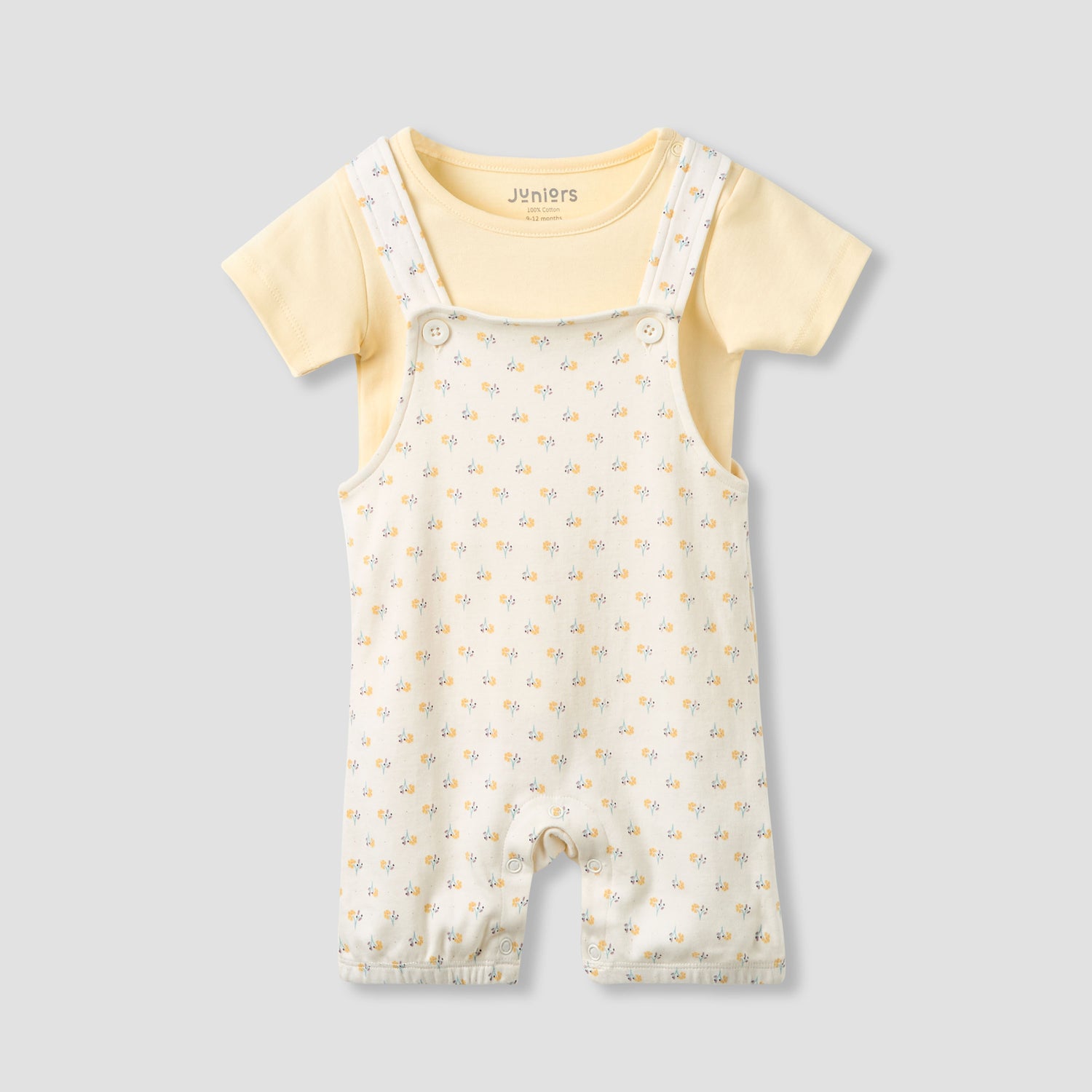 Juniors Crew Neck Short Sleeve T-shirt and Dungaree Set with Floral Print