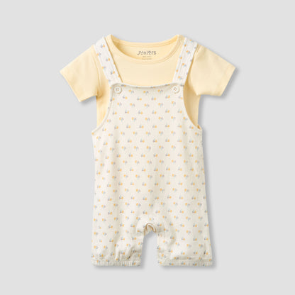 Juniors Crew Neck Short Sleeve T-shirt and Dungaree Set with Floral Print