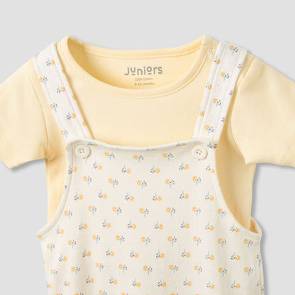 Juniors Crew Neck Short Sleeve T-shirt and Dungaree Set with Floral Print
