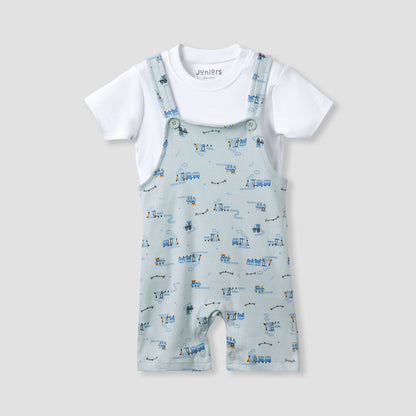Juniors Crew Neck Short Sleeve T-shirt and Dungaree Set with Train Print