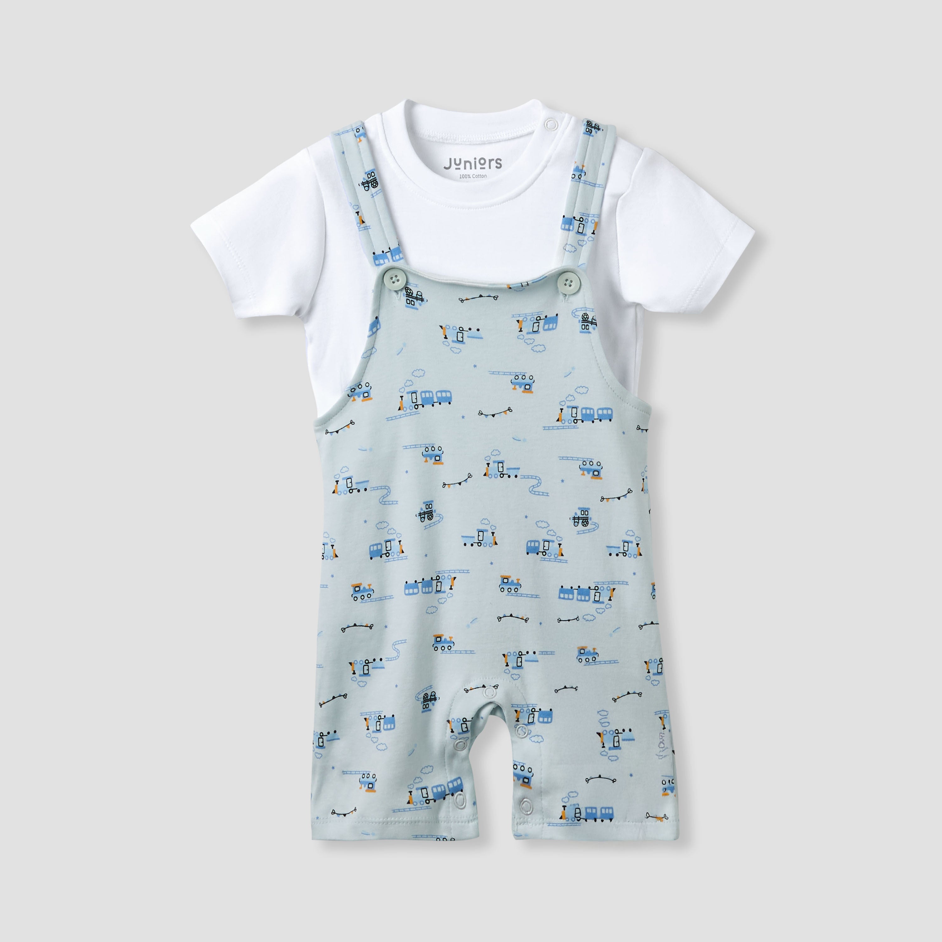 Juniors Crew Neck Short Sleeve T-shirt and Dungaree Set with Train Print
