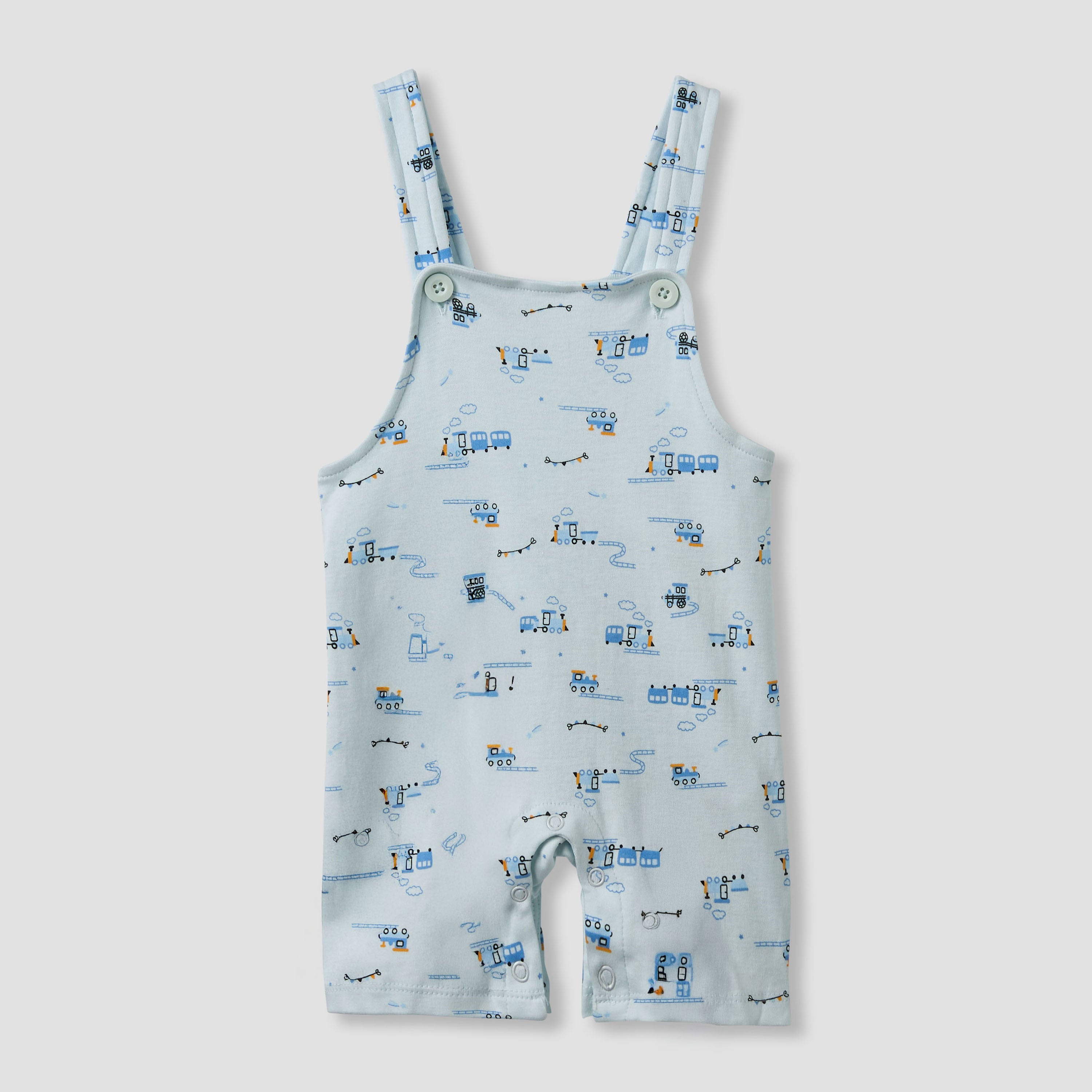 Juniors Crew Neck Short Sleeve T-shirt and Dungaree Set with Train Print