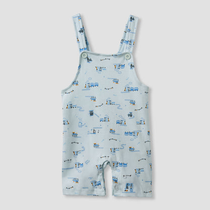 Juniors Crew Neck Short Sleeve T-shirt and Dungaree Set with Train Print