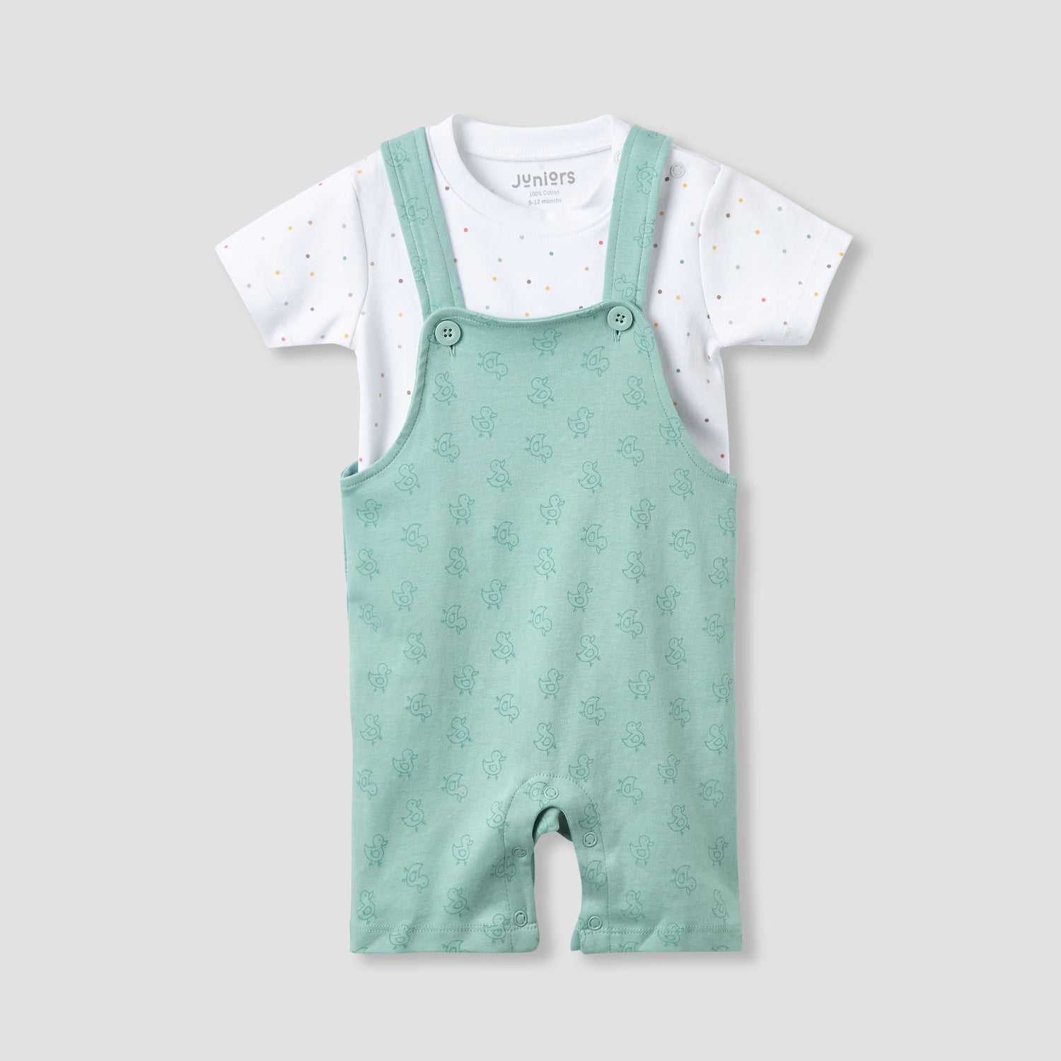 Juniors Round Neck Short Sleeve T-shirt and Dungaree Set with Duck Print - Multicolour / 12-18 mths
