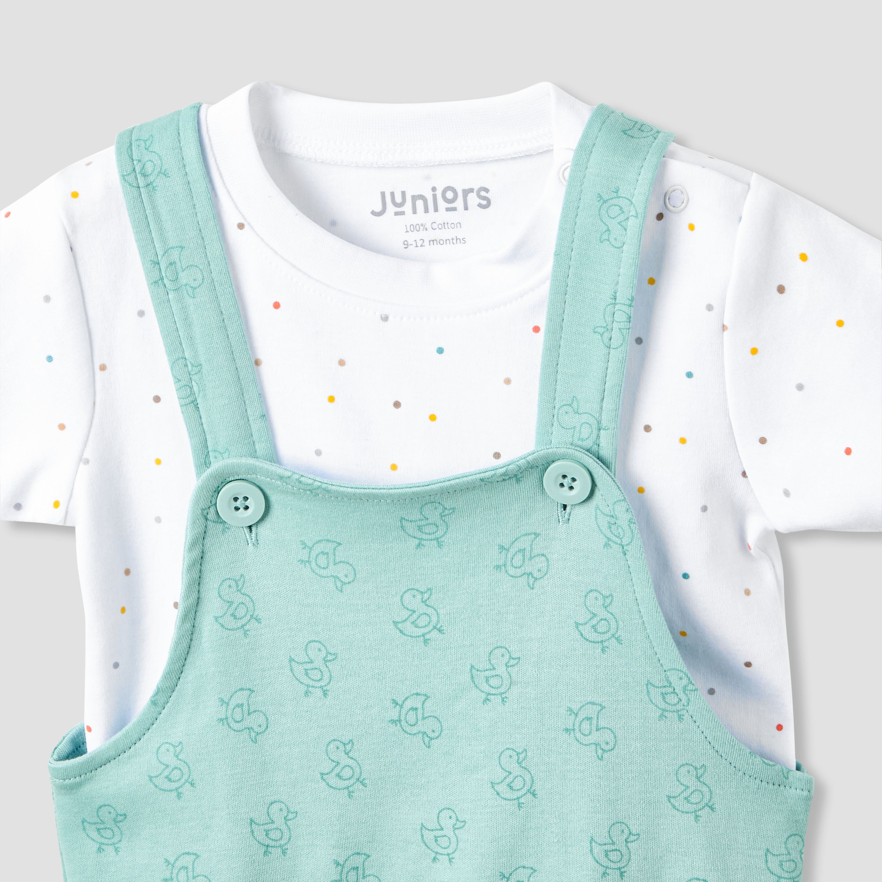 Juniors Round Neck Short Sleeve T-shirt and Dungaree Set with Duck Print