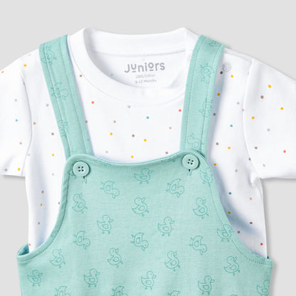 Juniors Round Neck Short Sleeve T-shirt and Dungaree Set with Duck Print