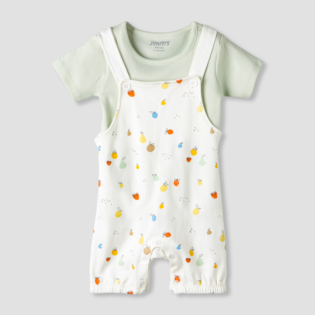 Juniors Short Sleeves T-shirt and Dungaree Set with Fruit Print - Green / 12-18 mths