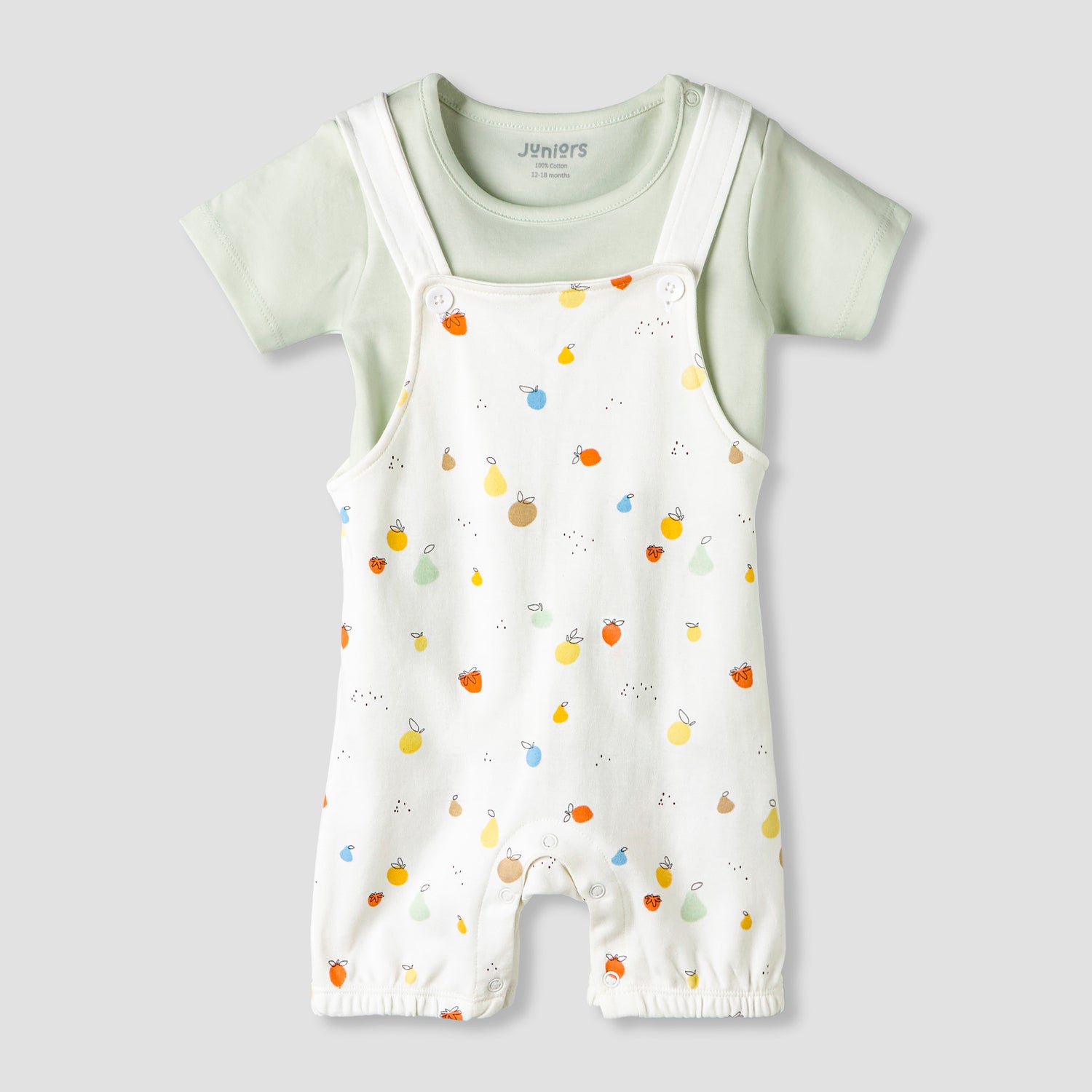 Juniors Short Sleeves T-shirt and Dungaree Set with Fruit Print - Green / 12-18 mths