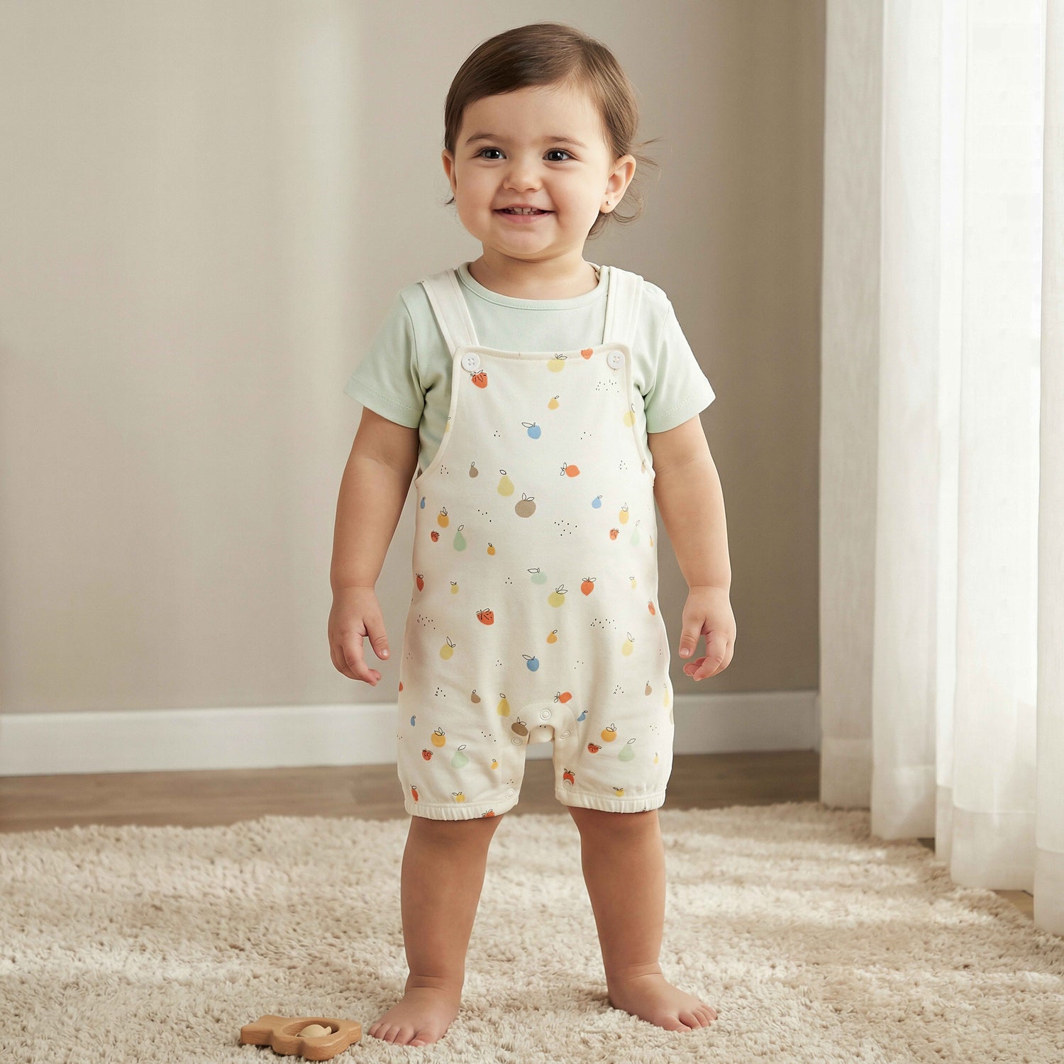 Juniors Short Sleeves T-shirt and Dungaree Set with Fruit Print