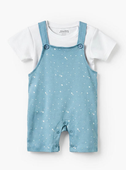 Juniors Crew Neck Short Sleeves T-shirt and Dungaree Set with Star Print-baby-boys-clothing-setsandcoords-image-2