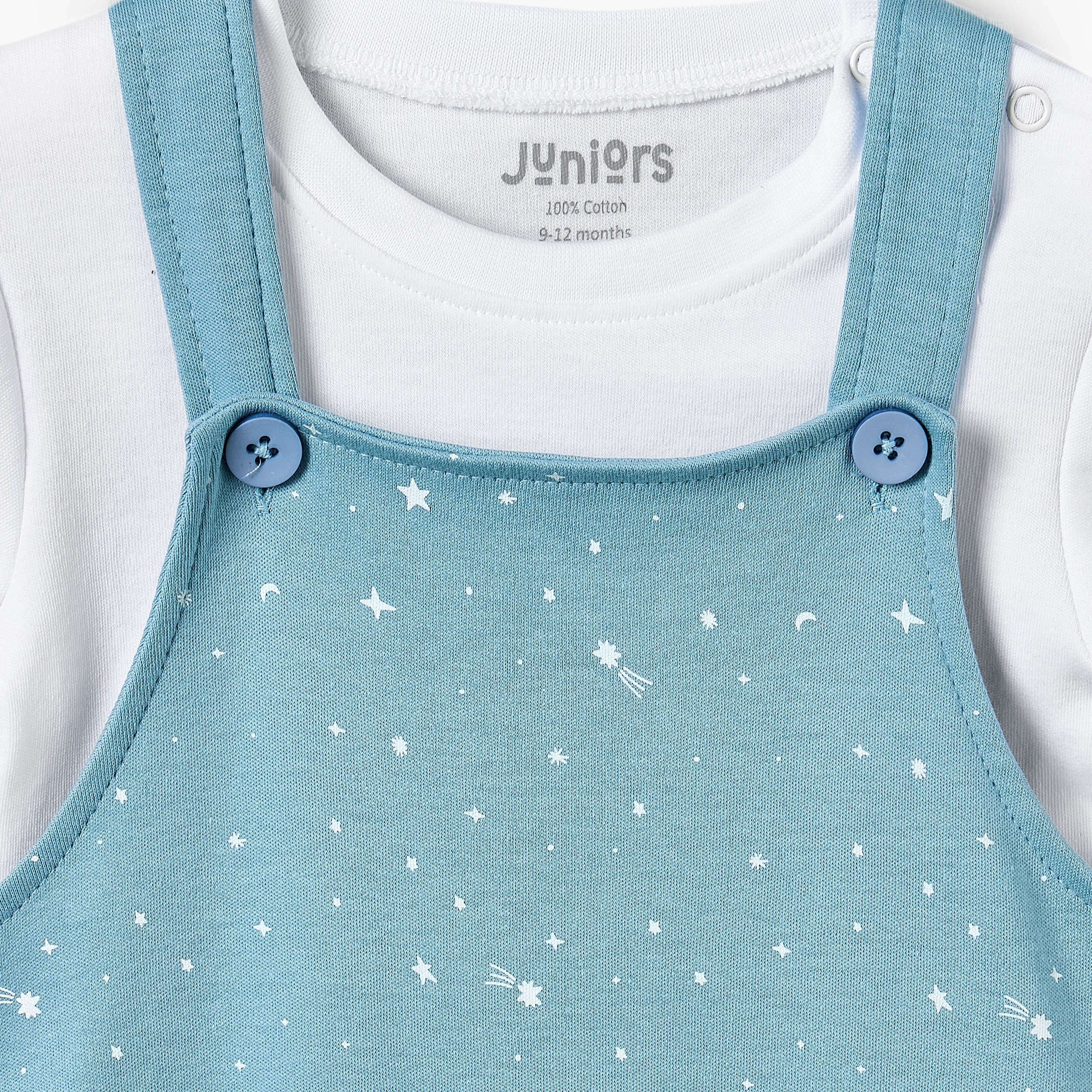 Juniors Crew Neck Short Sleeves T-shirt and Dungaree Set with Star Print