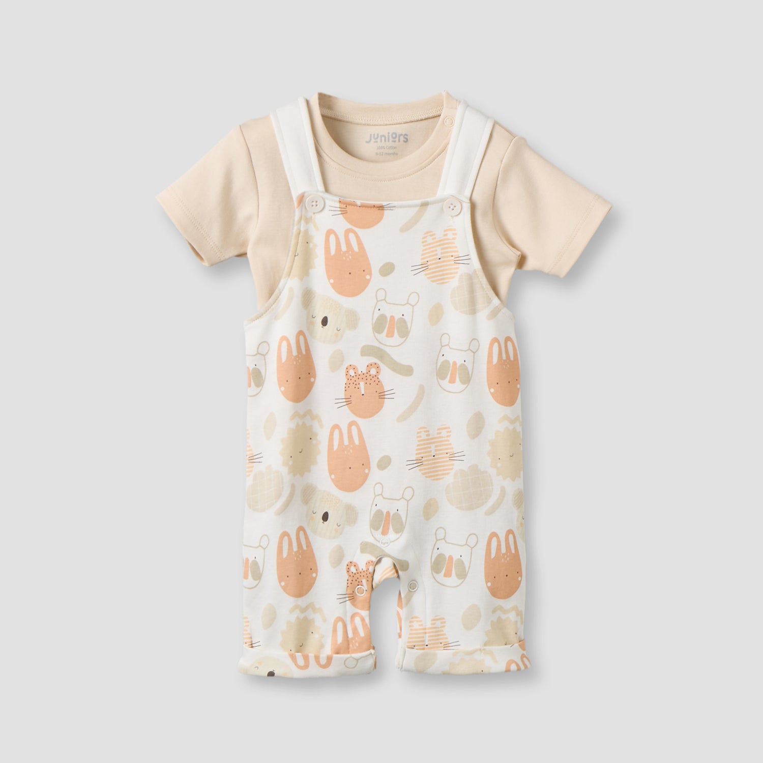 Juniors Crew Neck Short Sleeves T-shirt and Dungaree Set with Snap Button Closure - Peach / 12-18 mths