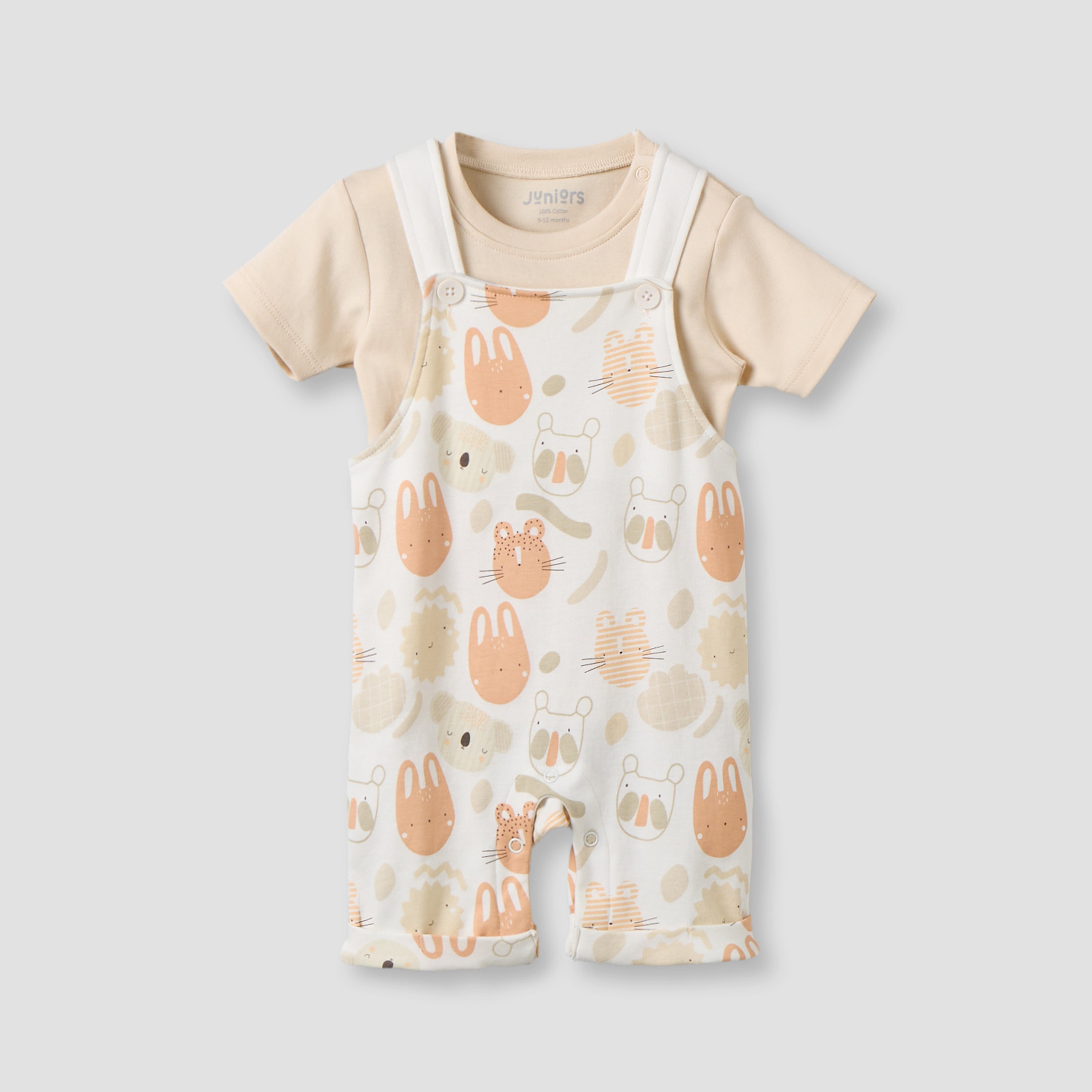 Juniors Crew Neck Short Sleeves T-shirt and Dungaree Set with Snap Button Closure - Peach / 12-18 mths
