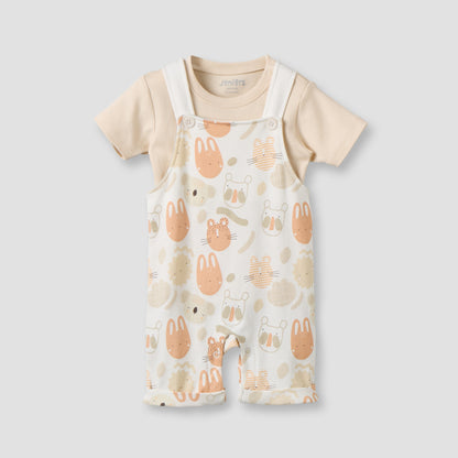 Juniors Crew Neck Short Sleeves T-shirt and Dungaree Set with Snap Button Closure - Peach / 12-18 mths