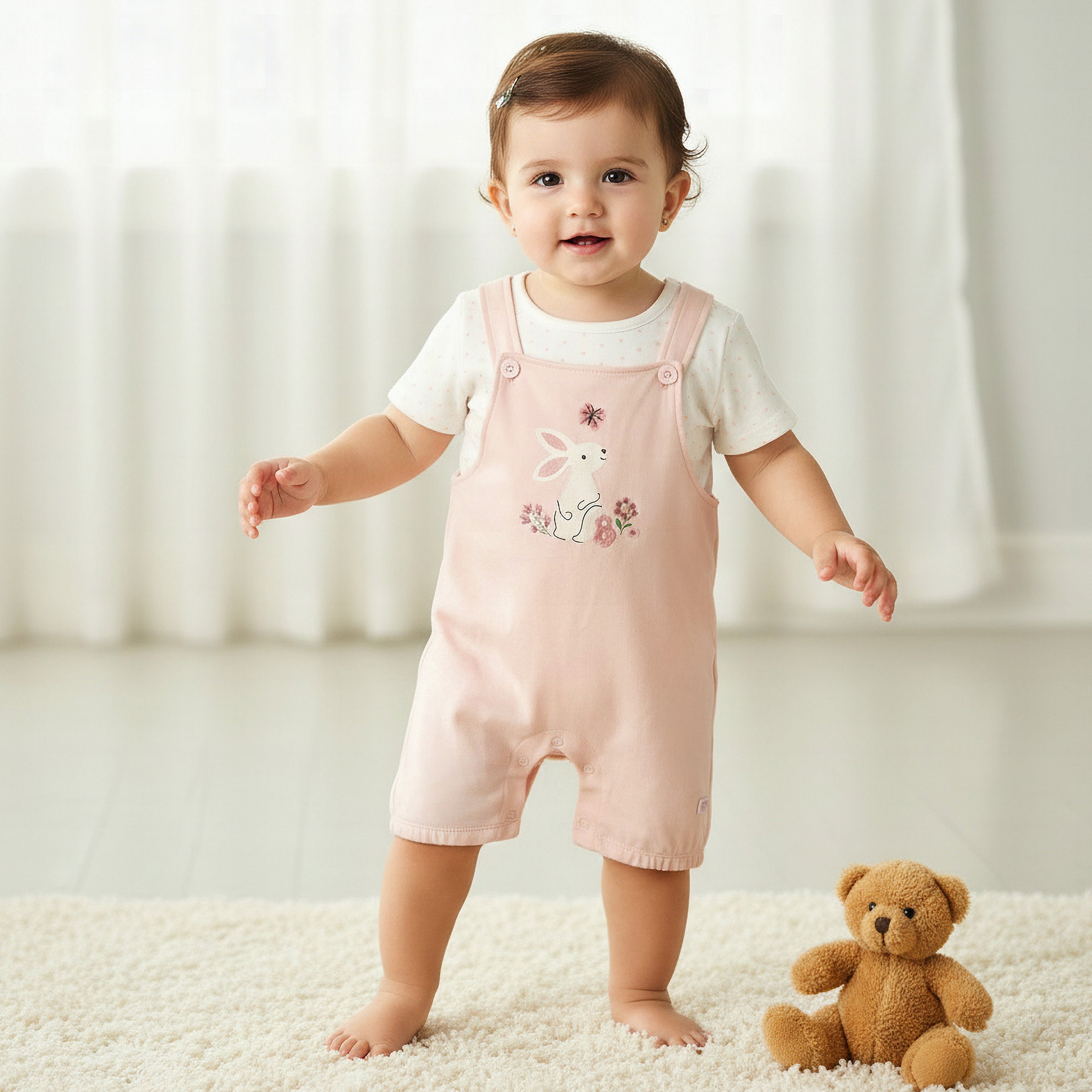 Juniors Short Sleeves T-shirt and Dungaree Set with Bunny Print