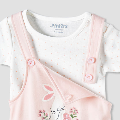 Juniors Short Sleeves T-shirt and Dungaree Set with Bunny Print